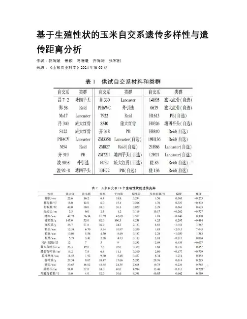 基于生殖性状的玉米自交系遗传多样性与遗传距离分析