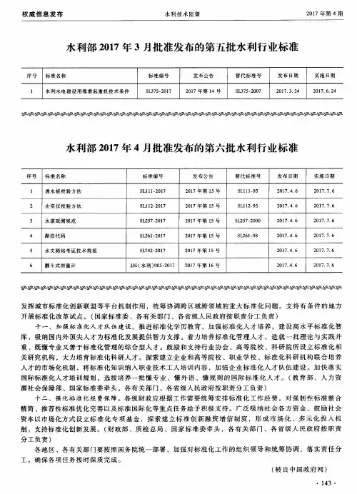 水利部2017年3月批准发布的第五批水利行业标准