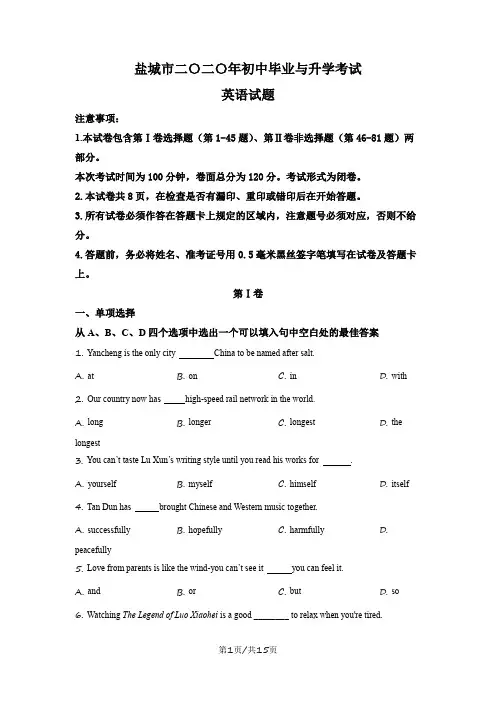 精品解析：江苏省盐城市2020年中考英语试题(原卷版)