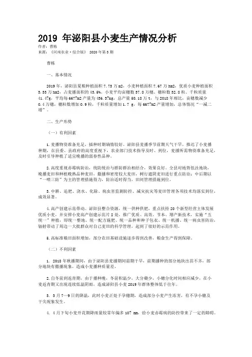 2019 年泌阳县小麦生产情况分析