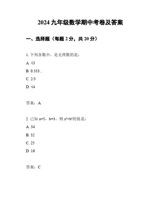 2024九年级数学期中考卷及答案