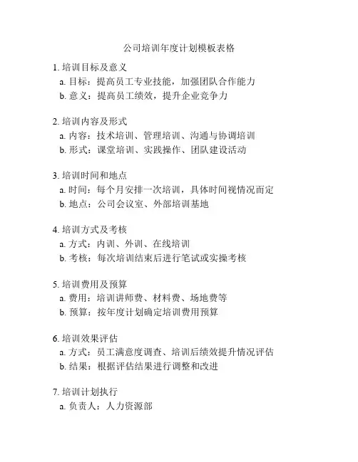 公司培训年度计划模板表格