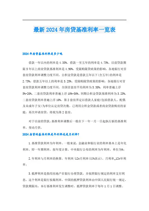 最新2024年房贷基准利率一览表