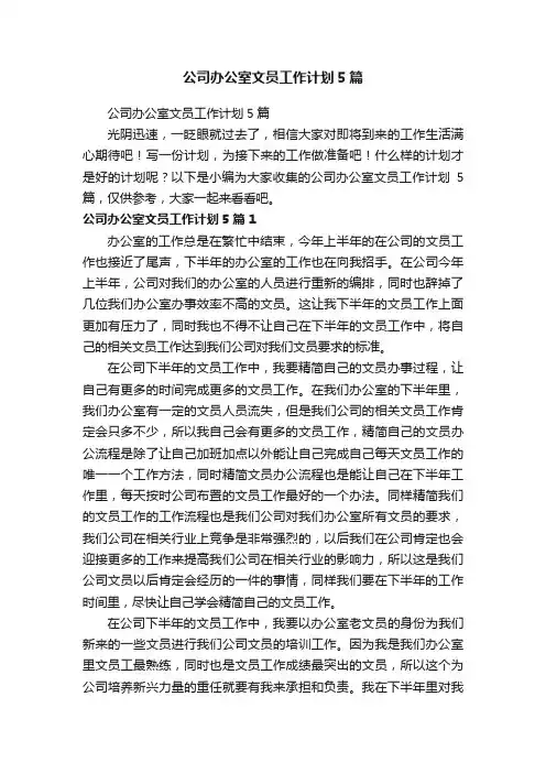 公司办公室文员工作计划5篇