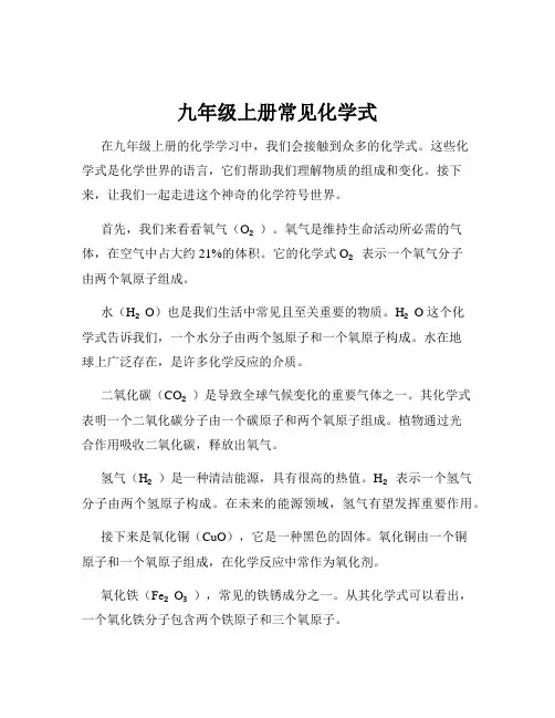九年级上册常见化学式