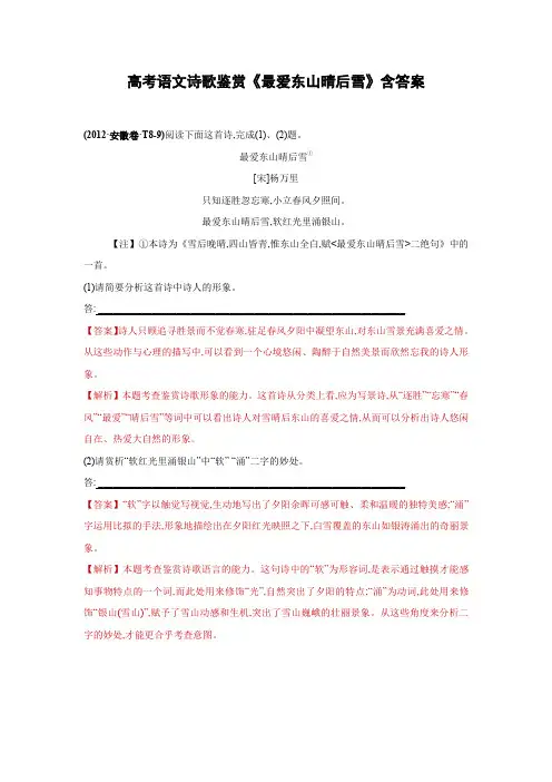 高考语文诗歌鉴赏《最爱东山晴后雪》含答案