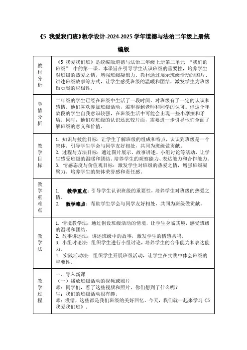 《5 我爱我们班》教学设计-2024-2025学年道德与法治二年级上册统编版