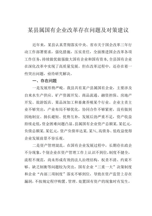 某县属国有企业改革存在问题及对策建议