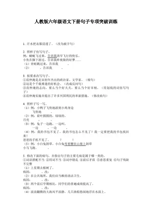 人教版六年级语文下册句子专项突破训练