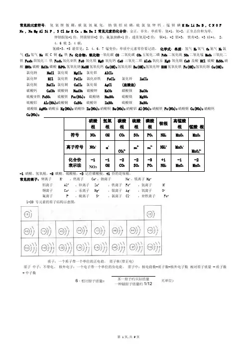 初中化学常见的元素符号59580