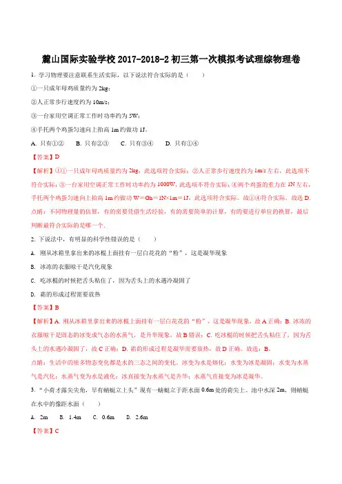 湖南省长沙市麓山国际实验学校2018届九年级第一次模拟考试理综物理试题解析