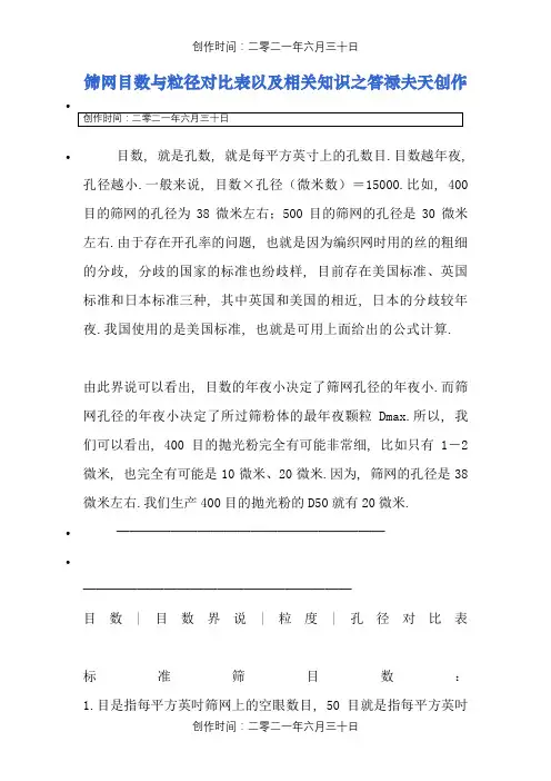 目数及粒径对照表