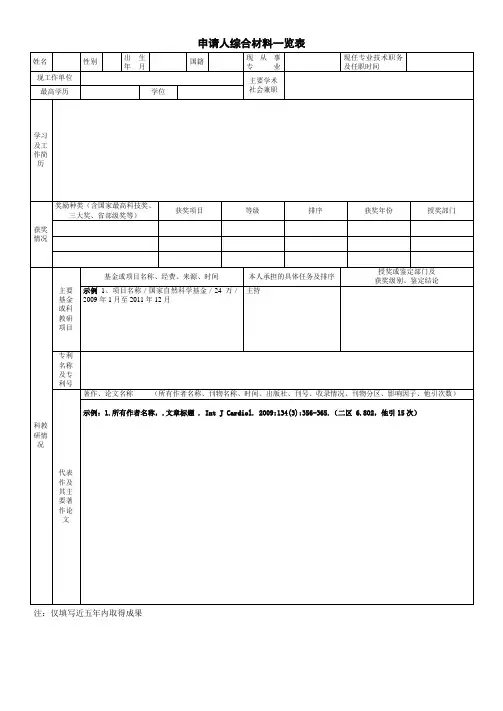 申请人综合材料一览表