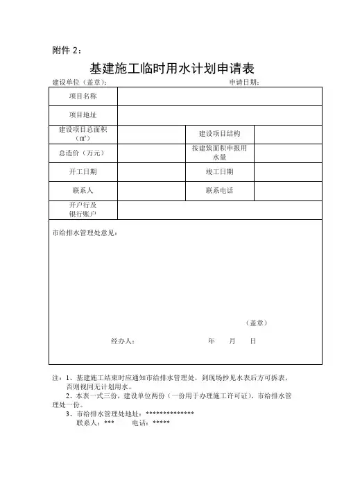 基建施工临时用水计划申请表
