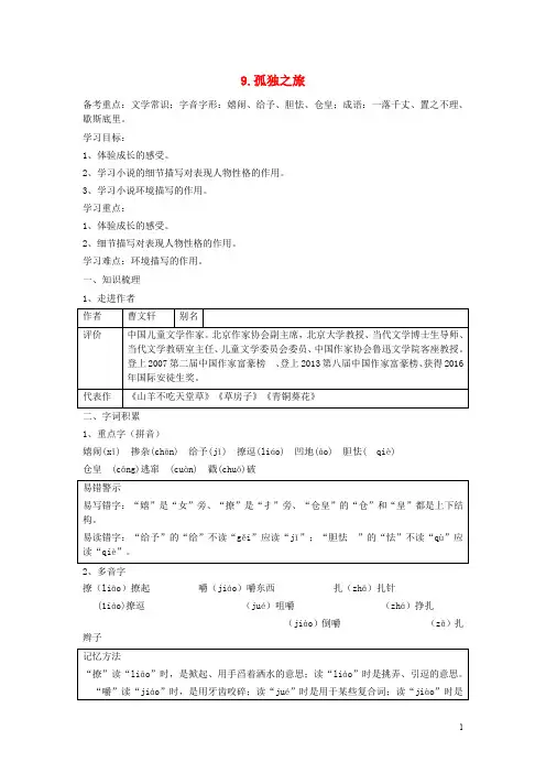 九年级语文上册 第三单元 第9课《孤独之旅》导学案 新人教版