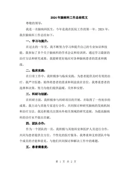 2024年脑病科工作总结范文