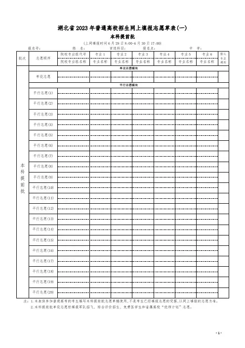 湖北省2023年普通高校招生网上填报志愿草表