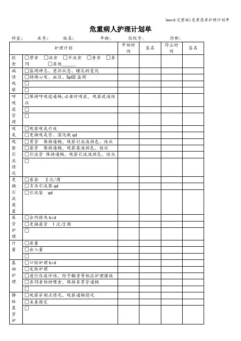 (word完整版)危重患者护理计划单