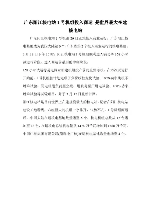 广东阳江核电站1号机组投入商运 是世界最大在建核电站