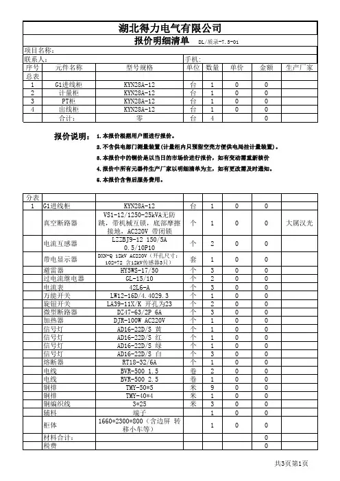电气成套报价模板