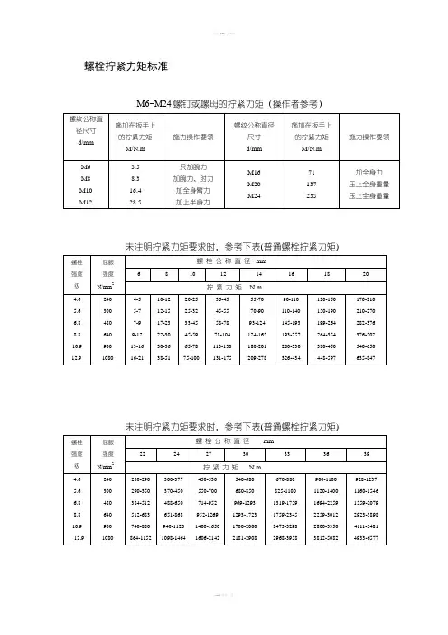 螺栓拧紧力矩表