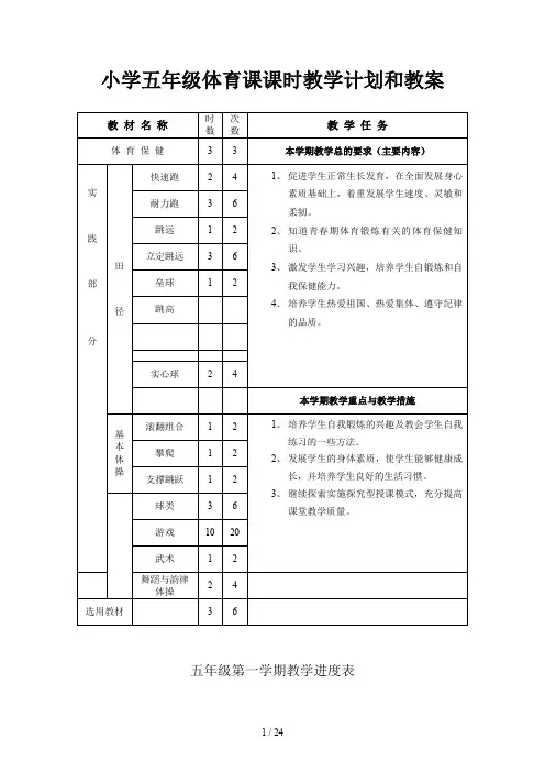 小学五年级体育课课时教学计划和教案