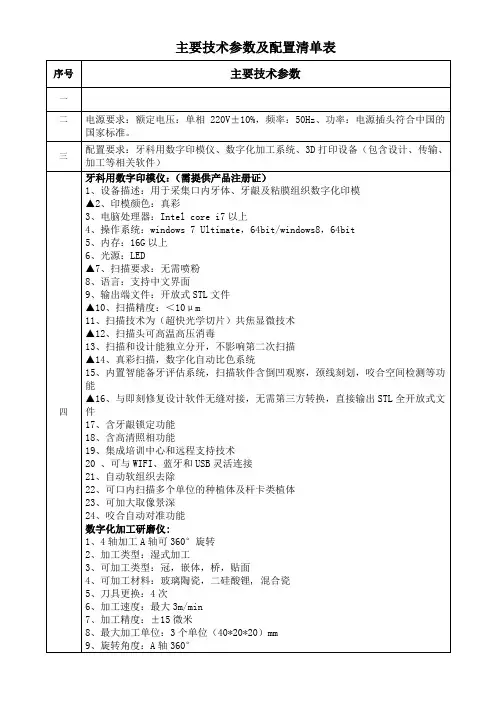 主要技术参数及配置清单表