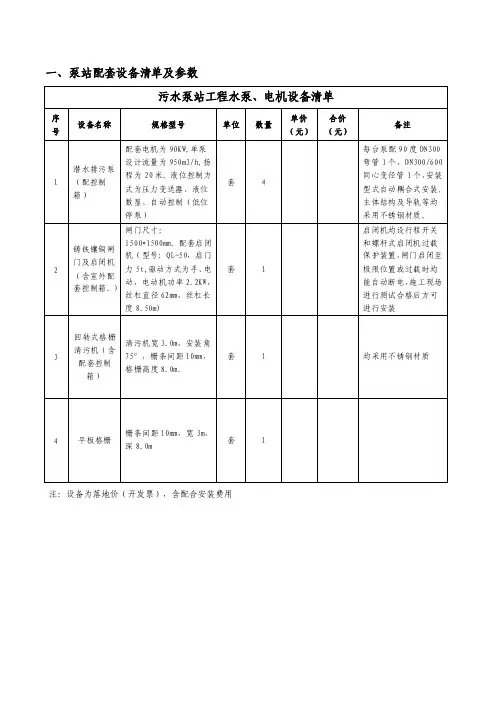 一、泵站配套设备清单及参数
