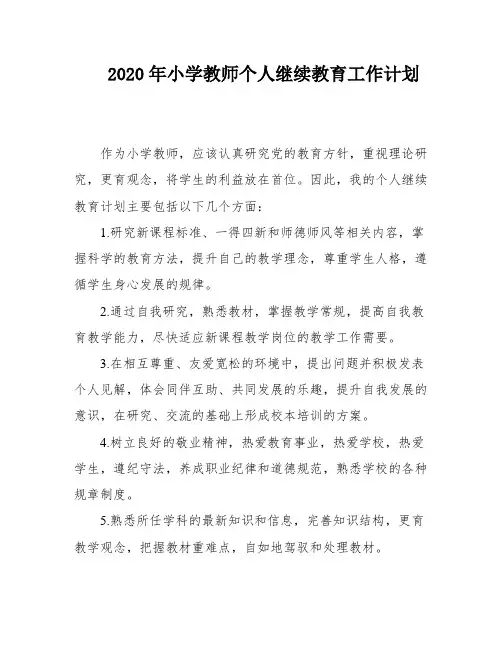 2020年小学教师个人继续教育工作计划