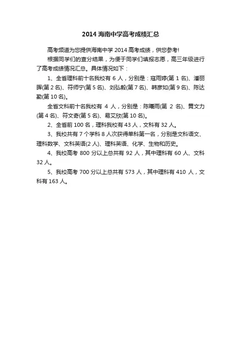 2014海南中学高考成绩汇总