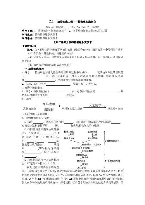 (完整版)人教版高二生物选修三2.1.2植物细胞工程——植物体细胞杂交导学案