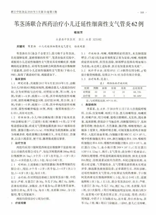 苇茎汤联合西药治疗小儿迁延性细菌性支气管炎62例