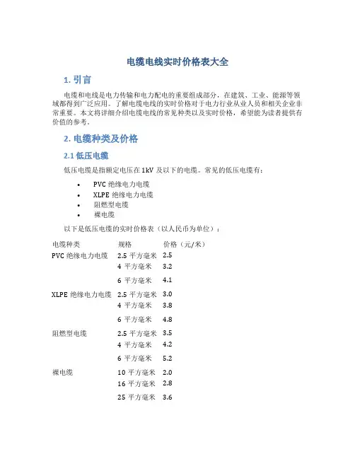 电缆电线实时价格表大全