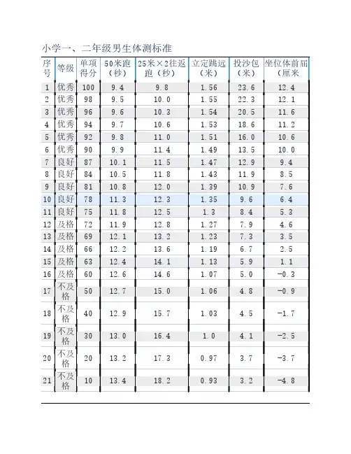 小学生体质健康测试标准