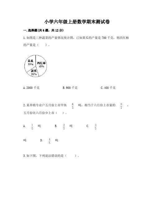 小学六年级上册数学期末测试卷(真题汇编)