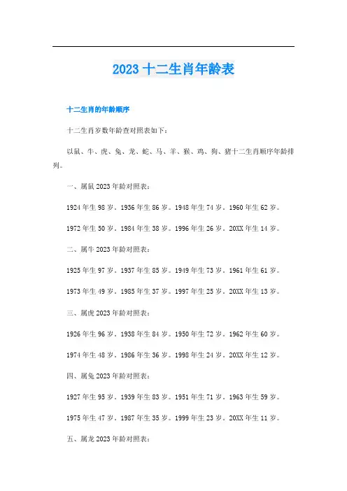 2023十二生肖年龄表
