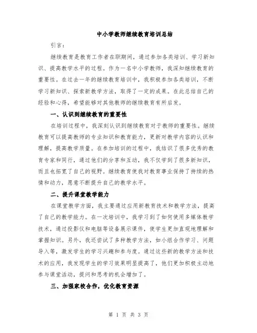 中小学教师继续教育培训总结