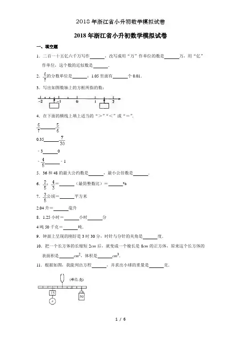 2018年浙江省小升初数学模拟试卷