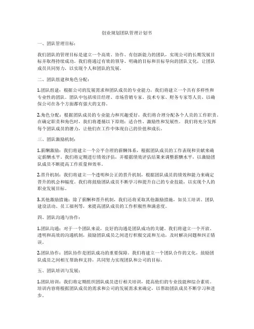 创业规划团队管理计划书