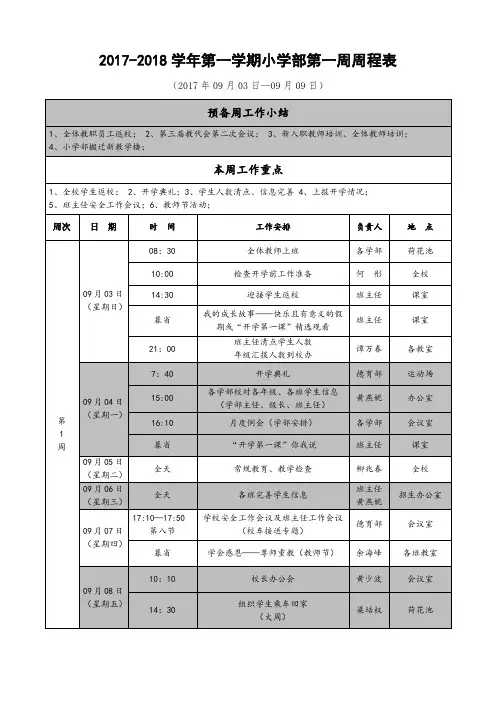 2017-2018学年第一学期小学部第一周周程表