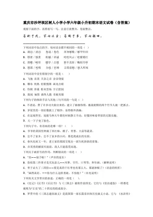 重庆市沙坪坝区树人小学小学六年级小升初期末语文试卷(含答案)