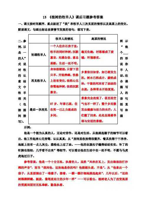 (统编)部编新教材七年级语文上册-13 《植树的牧羊人》课后习题参考答案