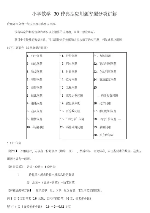 小学数学30种典型应用题专题分类讲解(附带例题和解题过程)