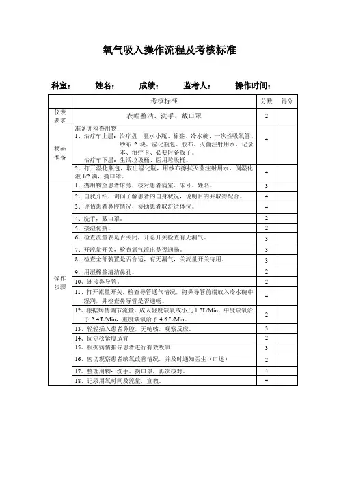 氧气吸入操作流程与考核标准 停止用氧