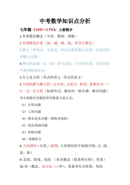 天津市人教版初中数学中考知识点分析