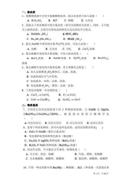 浙教版科学九年级上册第一章除杂、鉴别、检验、离子共存练习