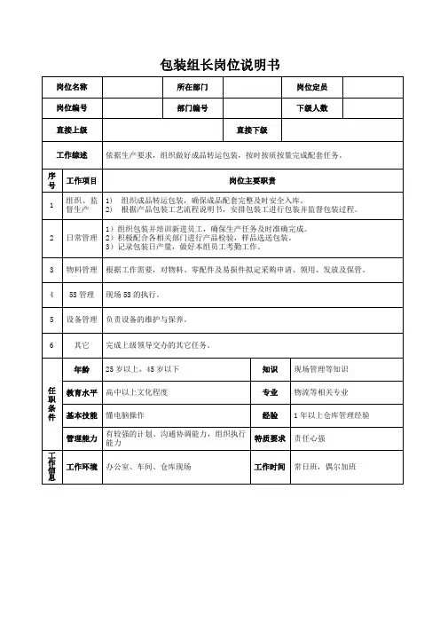 包装组长岗位说明书