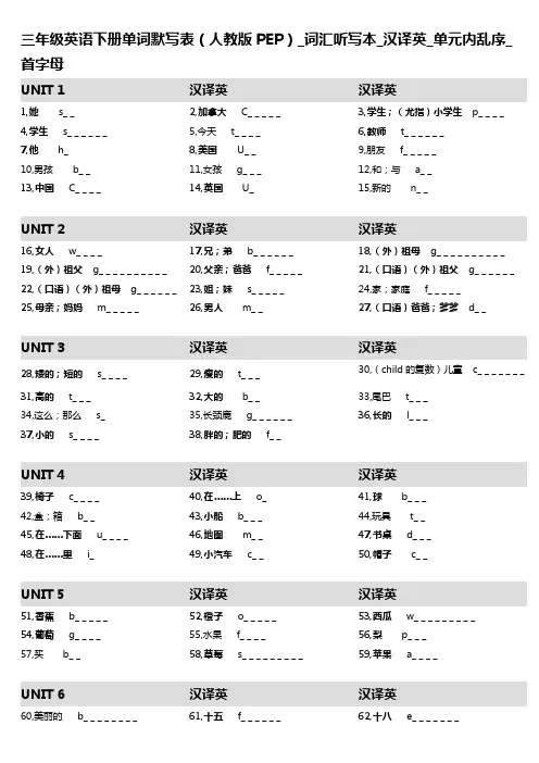 15,三年级英语下册单词默写表(人教版PEP)_词汇听写本_汉译英_单元内乱序_首字母