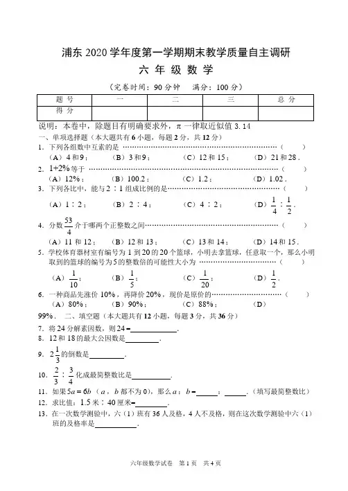 上海市浦东新区2020学年六年级上学期期末考试数学试题
