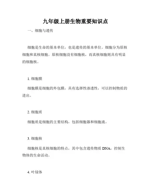 九年级上册生物重要知识点